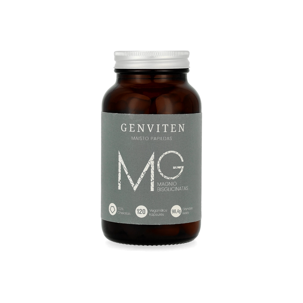 Genviten magnio bisglicinatas, 100% chelatas, 120 kapsulių stiklinėje pakuotėje, itin grynos sudėties ir aukštos sertifikuotos kokybės.