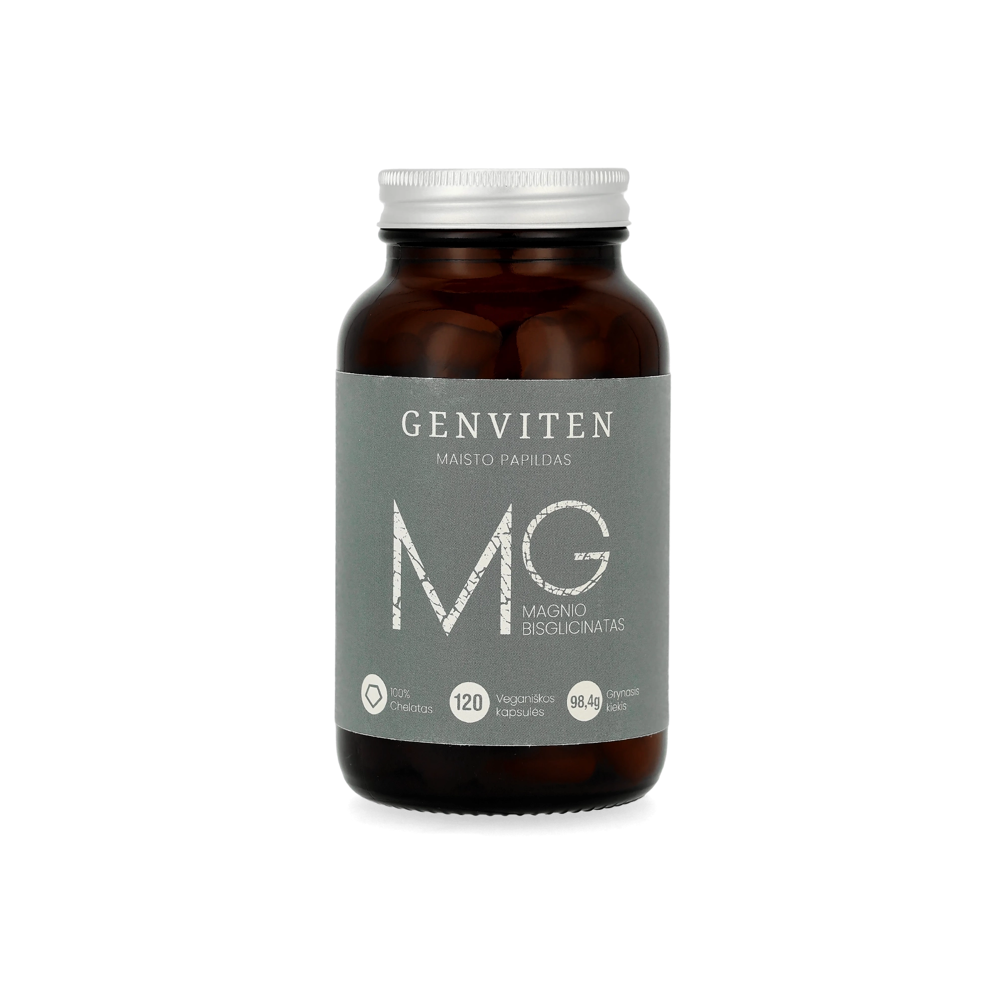 Genviten magnio bisglicinatas, 100% chelatas, 120 kapsulių stiklinėje pakuotėje, itin grynos sudėties ir aukštos sertifikuotos kokybės.