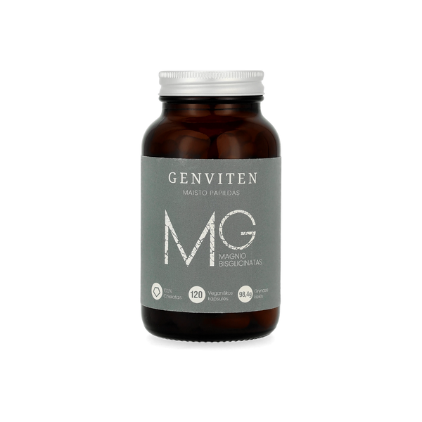 Genviten magnio bisglicinatas, 100% chelatas, 120 kapsulių stiklinėje pakuotėje, itin grynos sudėties ir aukštos sertifikuotos kokybės.