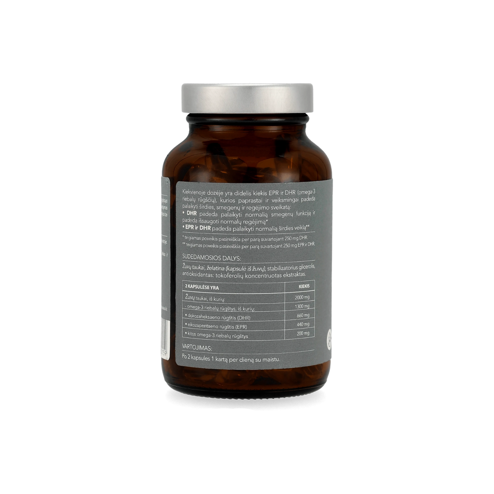 Genviten premium kokybės omega-3 kapsulėse, 90 kapslių stiklinis buteliukas, žemas TOTOX, aukšta EPA ir DHA koncentracija, trigliceridų forma, pagaminta Norvegijoje, vaizdas iš priekio.
