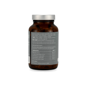 Sertifikuotos kokybės Genviten Omega-3 kapsulės, 90 kapsulių stikliniame buteliuke, žemas TOTOX, aukšta EPA ir DHA koncentracija, trigliceridų forma, pagaminta Norvegijoje, vaizdas iš nugarinės pusės.