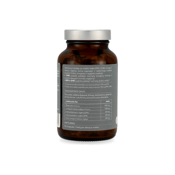 Sertifikuotos kokybės Genviten Omega-3 kapsulės, 90 kapsulių stikliniame buteliuke, žemas TOTOX, aukšta EPA ir DHA koncentracija, trigliceridų forma, pagaminta Norvegijoje, vaizdas iš nugarinės pusės.