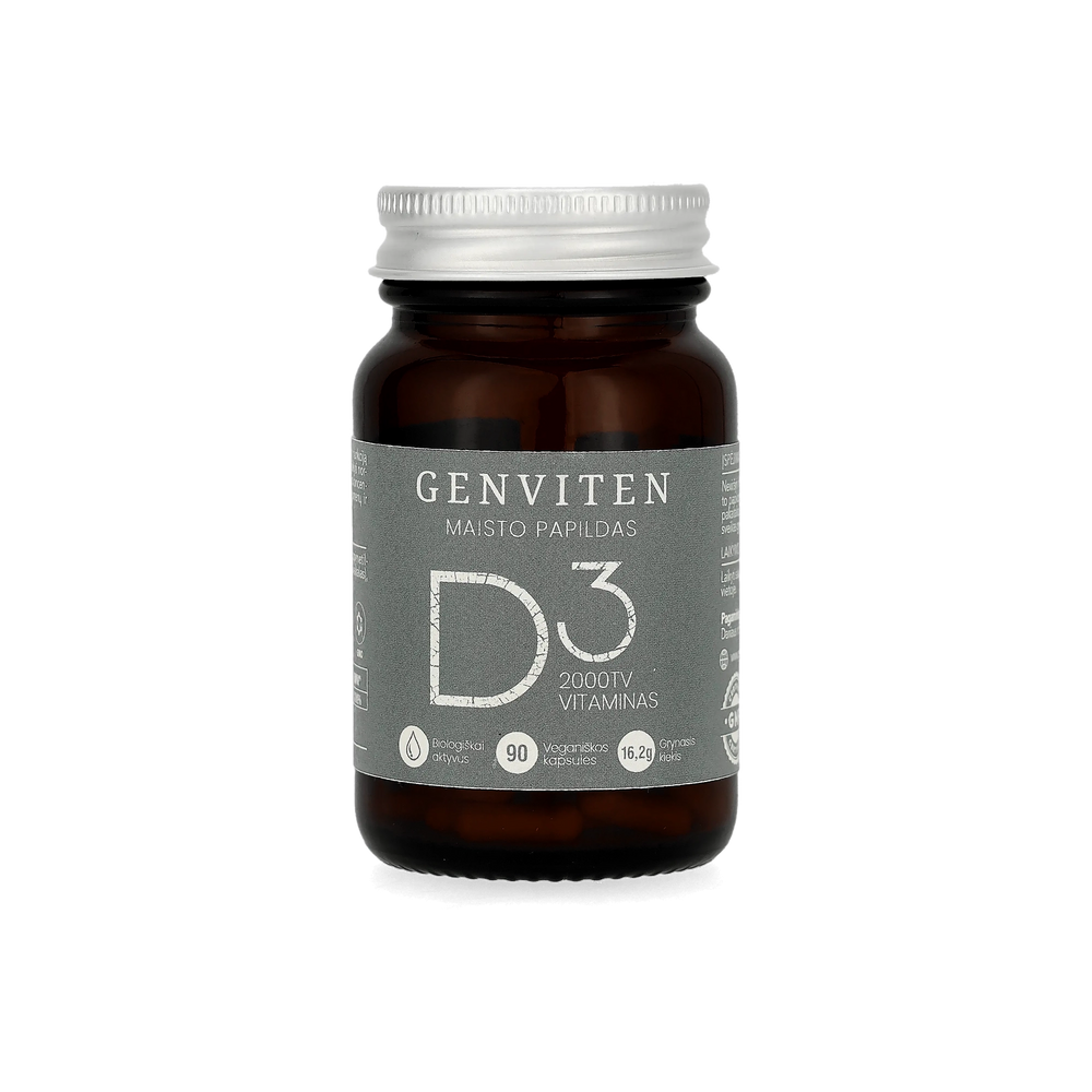 Genviten vitaminas D3, 90 kapsulių stikliniame buteliuke, aukšto bioprieinamumo, pagamintas iš lanolino, vaizdas iš priekio.
