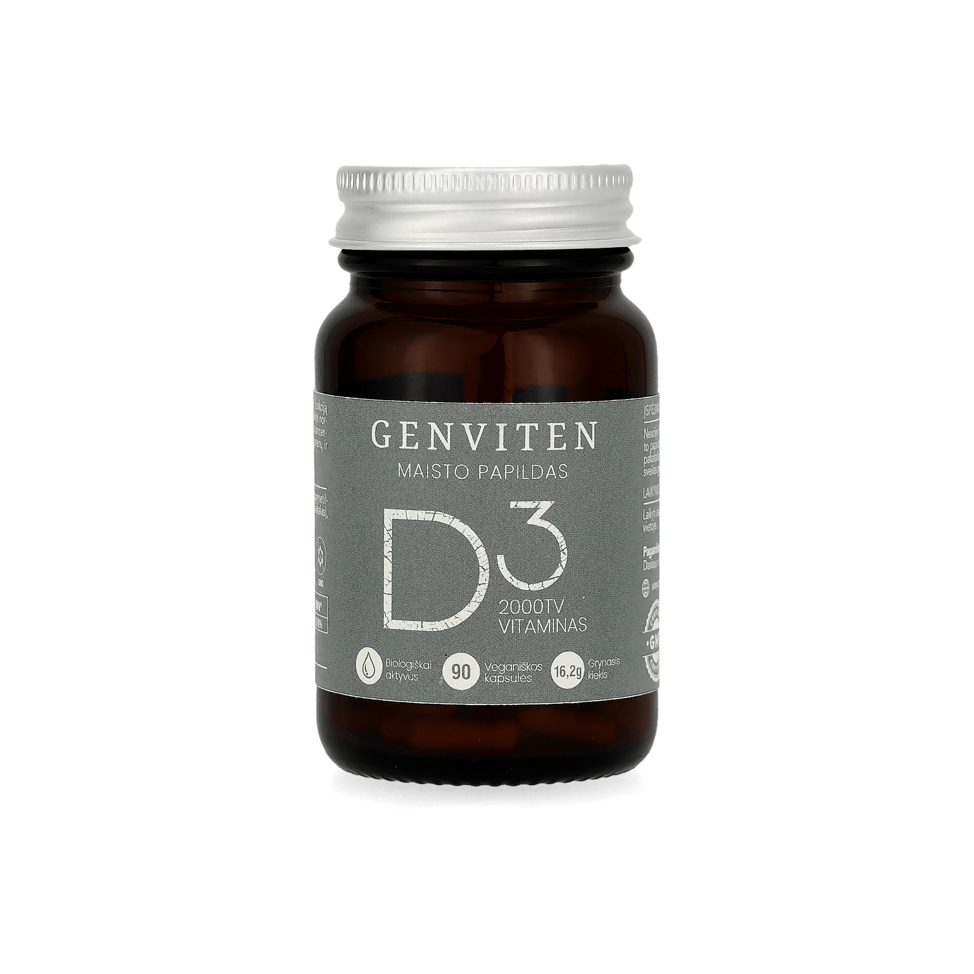 Genviten vitaminas D3, 90 kapsulių stikliniame buteliuke, aukšto bioprieinamumo, pagamintas iš lanolino, vaizdas iš priekio.