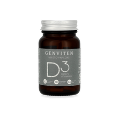 Genviten vitaminas D3, 90 kapsulių stikliniame buteliuke, aukšto bioprieinamumo, pagamintas iš lanolino, vaizdas iš priekio.