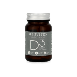 Genviten vitaminas D3, 90 kapsulių stikliniame buteliuke, aukšto bioprieinamumo, pagamintas iš lanolino, vaizdas iš priekio.