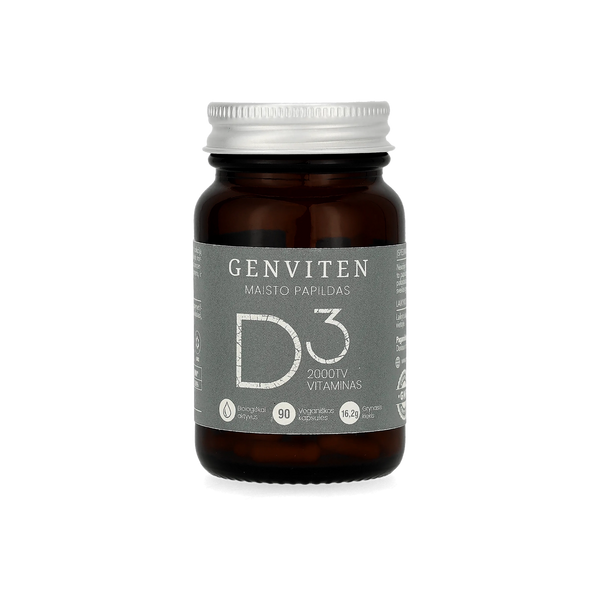 Genviten vitaminas D3, 90 kapsulių stikliniame buteliuke, aukšto bioprieinamumo, pagamintas iš lanolino, vaizdas iš priekio.
