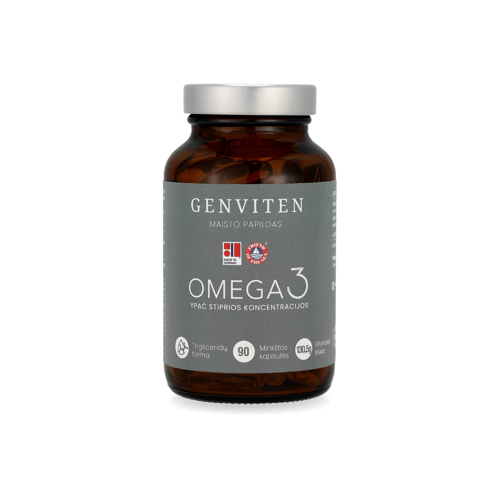 Genviten premium kokybės omega-3 kapsulėse, 90 kapslių stiklinis buteliukas, žemas TOTOX, aukšta EPA ir DHA koncentracija, trigliceridų forma, pagaminta Norvegijoje, vaizdas iš priekio.