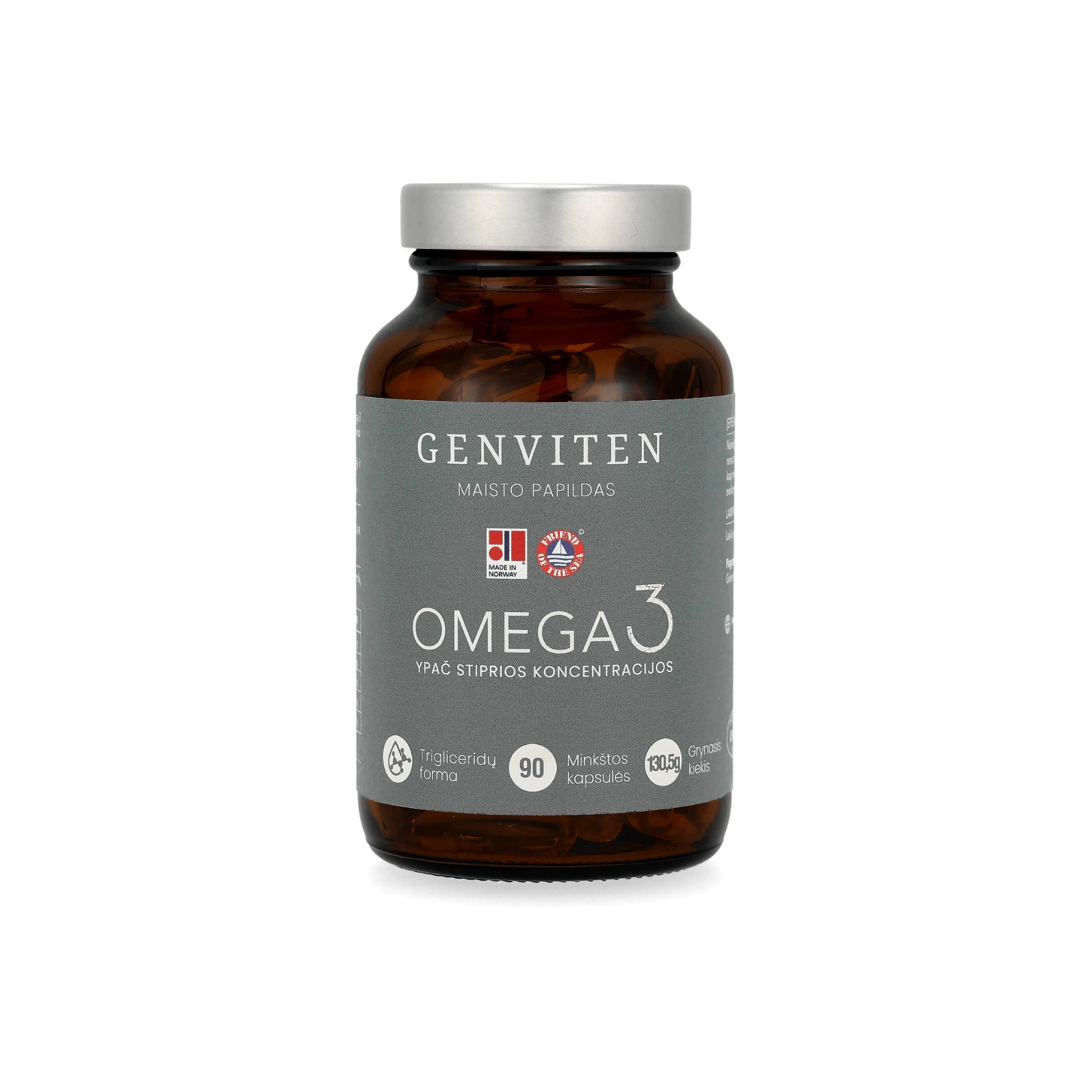 Genviten premium kokybės omega-3 kapsulėse, 90 kapslių stiklinis buteliukas, žemas TOTOX, aukšta EPA ir DHA koncentracija, trigliceridų forma, pagaminta Norvegijoje, vaizdas iš priekio.