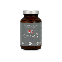 Genviten premium kokybės omega-3 kapsulėse, 90 kapslių stiklinis buteliukas, žemas TOTOX, aukšta EPA ir DHA koncentracija, trigliceridų forma, pagaminta Norvegijoje, vaizdas iš priekio.