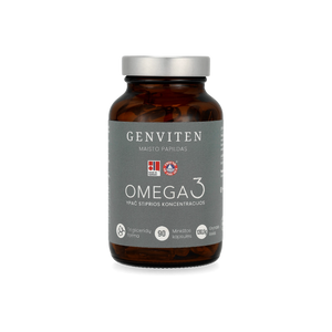 Genviten premium kokybės omega-3 kapsulėse, 90 kapslių stiklinis buteliukas, žemas TOTOX, aukšta EPA ir DHA koncentracija, trigliceridų forma, pagaminta Norvegijoje, vaizdas iš priekio.