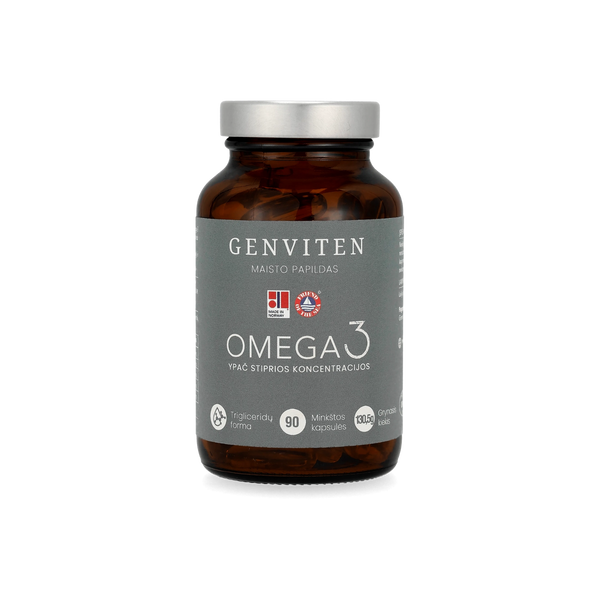 Genviten premium kokybės omega-3 kapsulėse, 90 kapslių stiklinis buteliukas, žemas TOTOX, aukšta EPA ir DHA koncentracija, trigliceridų forma, pagaminta Norvegijoje, vaizdas iš priekio.