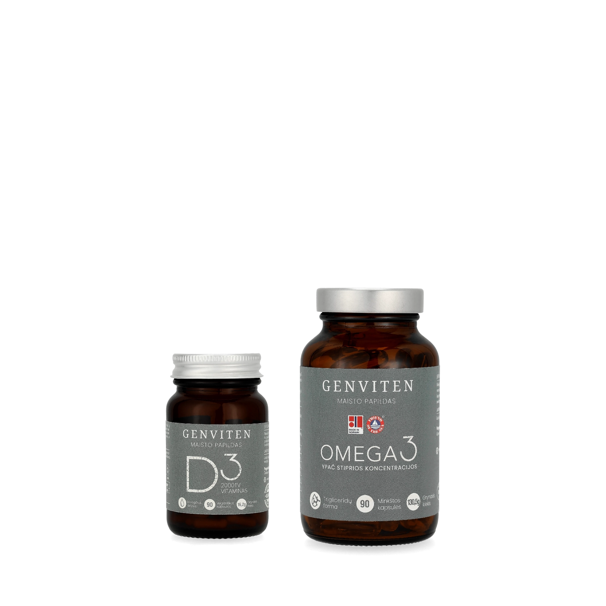 Genviten rinkinys imunitetui: vitaminas D3 2000 TV 90 kapsulių stiklinėje pakuotėje ir premium kokybės Omega-3 90 kapsulių stiklinėje pakuotėje, buteliukų vaizdas iš priekio.