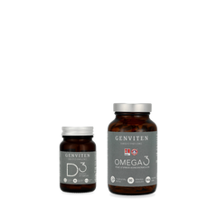 Genviten rinkinys imunitetui: vitaminas D3 2000 TV 90 kapsulių stiklinėje pakuotėje ir premium kokybės Omega-3 90 kapsulių stiklinėje pakuotėje, buteliukų vaizdas iš priekio.