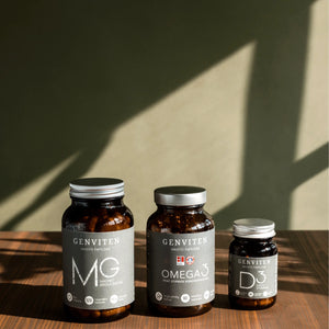 Genviten rinkinys nervų sistemai: magnio bisglicinatas, 100% chelatas, 120 kapsulių stiklinėje pakuotėje, vitaminas D3 2000 TV 90  kapsulių stiklinėje pakuotėje, premium kokybės žuvų taukai, 90 kapsulių stiklinėje pakuotėje, trigliceridų formos su žemu TOTOX rodikliu.