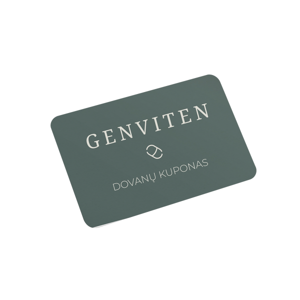 Skaitmeninis Genviten dovanų kuponas maisto papildams ir sveikatos aksesuarams: žuvų taukams, magniui, vitaminui D3, augaliniams baltymams bei vaistų ir maisto papildų laikymo dėžutėms.
