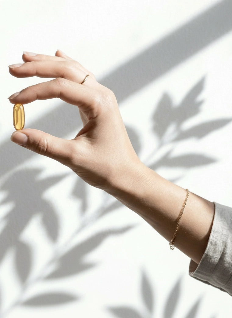 Genviten norvegiškų žuvų taukų kapsulė rankoje šešėlių fone – skaidri, aukštos koncentracijos Omega-3 trigliceridų forma be jokių dirbtinių priedų.
